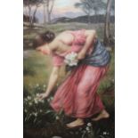 After Waterhouse, oil on canvas, study of a young lady picking flowers in a landscape, 24ins x 20ins