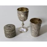 Chinese silver pedestal goblet, Chinese silver beaker and a circular Chinese silver box cover Goblet