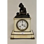 19th Century French white marble gilt and dark patinated bronze mounted mantel clock, the enamel