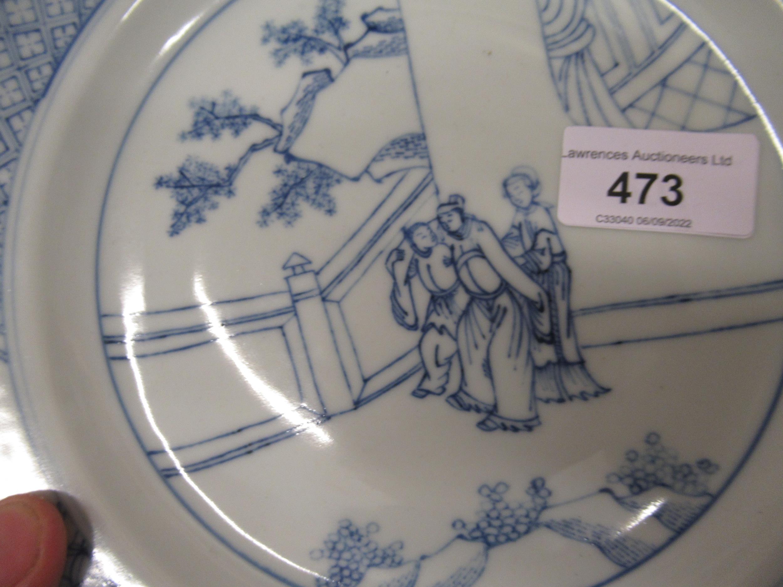 Pair of modern Chinese blue and white plates decorated with figures on a terrace, six character mark - Image 3 of 9