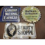 Small circular enamel sign for Balkan Sobranie, 14ins diameter together with another ' Beauty Shoppe