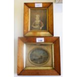 Two small 19th Century watercolours, figures harvesting and portrait of a seated lady, both maple
