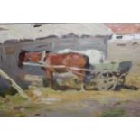 Modern British School, oil on board, horse and cart by a barn, inscribed verso ' A. E.