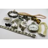 Ladies silver bracelet, quantity of various cufflinks, two silver and cultured pearl brooches, a