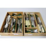 Two trays of various silver plated and other flatware
