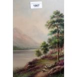 Milton Drinkwater, watercolour, shepherd with flock in a Highland landscape, 11.75ins x 8ins, gilt