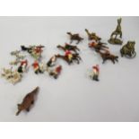 Small quantity of plated lead figures of huntsmen and hounds, together with two other miniature