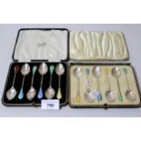 Cased set of six Art Deco silver and enamel decorated coffee spoons, together with a cased set of