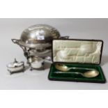 Silver plated Victorian rollover bacon dish, plated mustard, cream jug and pair of cased apostle
