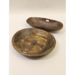 Antique oval wooden hollowed bowl and a similar oval bowl