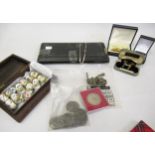 Small quantity of miscellaneous items, including pre-decimal coins, drawing instrument set, hardwood