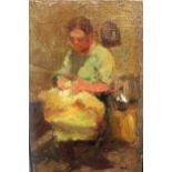 Modern British School oil on canvas, study of a seated lady sewing, indistinctly monogrammed, 7ins x