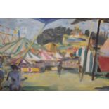 Oil on canvas board, figures at a fun fair, label verso ' Compton Fair, Margaret Scott Somerville ',