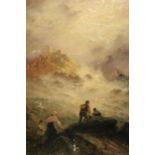 Sarah Louise Kilpack, pair of oils on card, stormy coastal scenes, figures on a rock and seagulls on