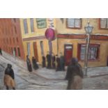 20th Century oil on board, street scene with figures before a Liverpool public house, 15.5ins x