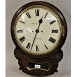 19th Century mahogany circular drop-dial wall clock, the enamelled dial with Roman numerals