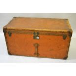 Large Louis Vuitton leather mounted orange linen covered cabin trunk No.789660, the hinged cover