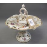 Thuringa German porcelain floral decorated and encrusted egg cup stand, 9ins high One egg cup broken