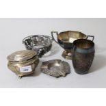 London silver teapoy, together with a white metal goblet and ashtray, a plated basket and a plated