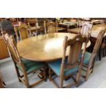 Good quality reproduction oak dining room suite comprising: set of six high back dining chairs