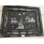 Rectangular Chinese hardwood mother of pearl inlaid panel, depicting figures in a landscape, 22ins x