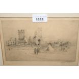 Jackson Simpson, signed etching, soldiers on a road by a bomb damaged cathedral, 6ins x 8.5ins