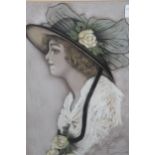 E. Morris, pencil and gouache head and shoulder portrait of a girl wearing a floral bonnet, 12.