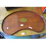 19th Century mahogany kidney shaped tray with brass end handles, 27ins wide approximately together