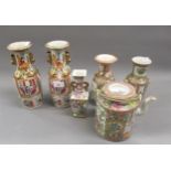 Five various Canton famille rose vases and a similar teapot Various damages and restoration as shown