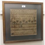 19th Century alphabet and pictorial sampler dated 1860, 12ins square, framed