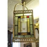 Edwardian gilt brass and coloured leaded glass square hall lantern, 21ins high