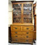 George III mahogany satinwood crossbanded secretaire bookcase, the moulded cornice above two