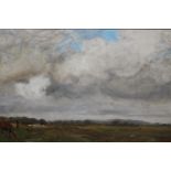 Oil on canvas, rain clouds above an open landscape with cattle by a stream to foreground,