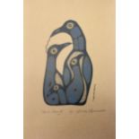 Unframed coloured print titled ' Bird Family', by Norval Morrisseau, 9ins x 5ins
