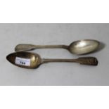 Two 19th Century silver Fiddle and Shell pattern table spoons, 6 troy ounces