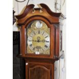 Edwardian mahogany and satinwood crossbanded longcase clock, the broken arch hood with a swan neck