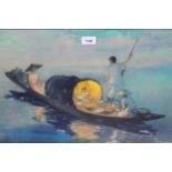 Juliet Pannett, watercolour, Chinese family on a boat going to market, signed, 15ins x 22ins, gilt