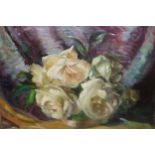 Harold Latham, signed oil on board, white roses in a bowl, 11ins x 14ins