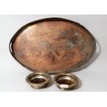 Pair of 19th Century circular plated on copper wine bottle coasters, together with an oval plated