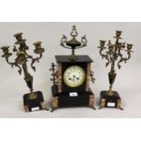 19th Century black slate and marble three piece clock garniture, the circular dial with Roman