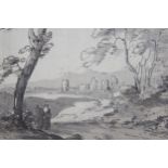 Attributed to Richard Wilson, monochrome pen and ink drawing, figures in a landscape with distant