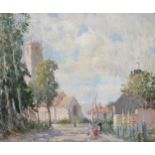 William Lee Hankey, signed oil on canvas, figures in a village street, inscribed verso '