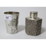 Continental (800 mark) silver beaker with engraved floral decoration, 3.75ins high, 3oz together