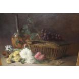 E. Wesley Hunt, oil on canvas, still life, fruit, flowers, wine bottle and basket, signed and