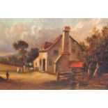 19th Century oil on panel, figures before a cottage in a landscape, 9ins x 6ins approximately,