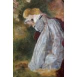 Pre-Raphaelite style watercolour (possibly on print base), study of a young lady in a garden, arched