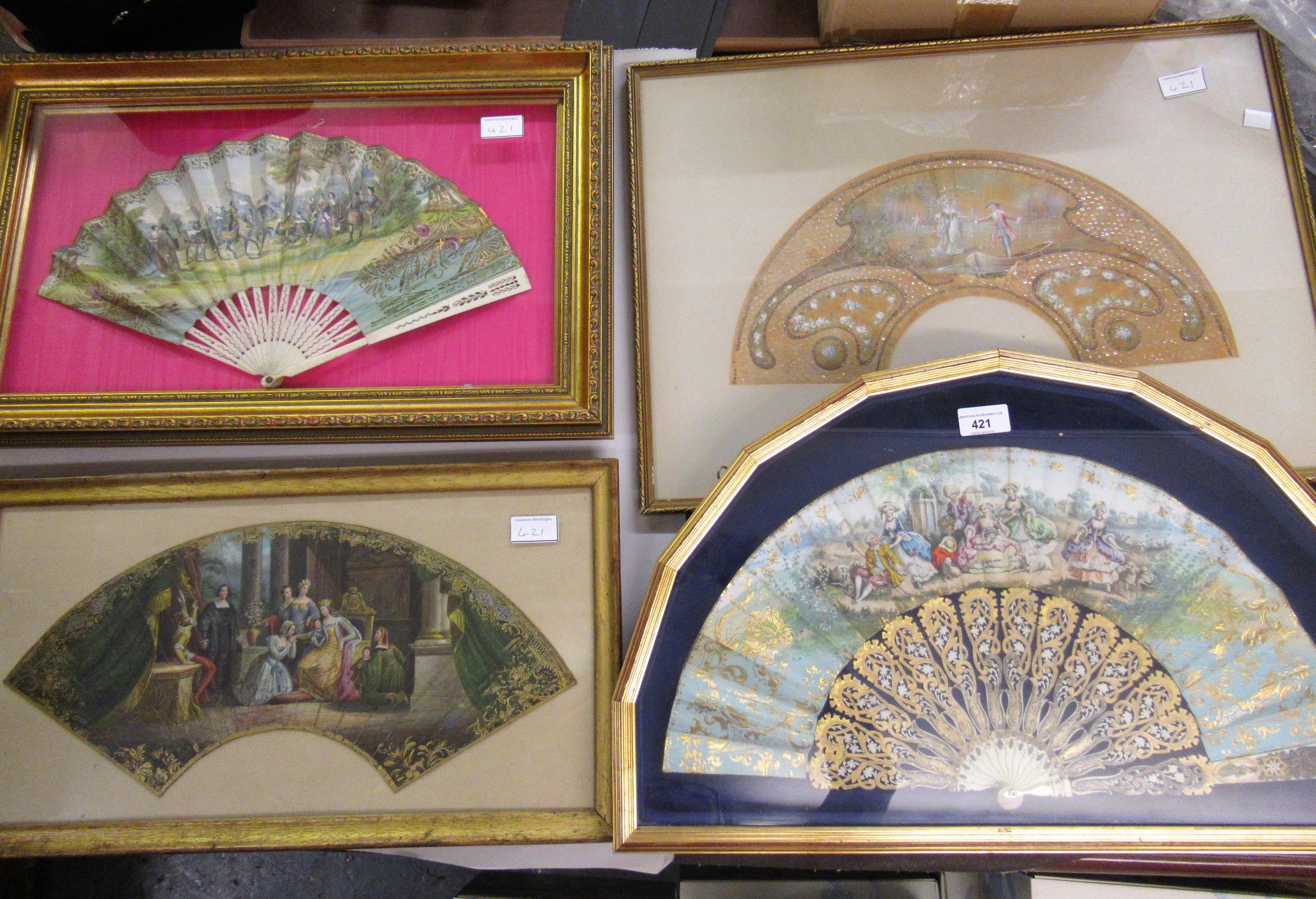 Two 19th Century painted fans, figures in interior scenes, in fan mounts and gilt frames together