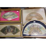 Two 19th Century painted fans, figures in interior scenes, in fan mounts and gilt frames together