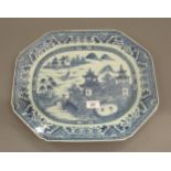 18th Century Chinese octagonal blue and white platter decorated with willow pattern, 16ins x 13.5ins