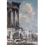 Unframed watercolour of the Parthenon, signed Klonardes, together with an unframed oil on paper of